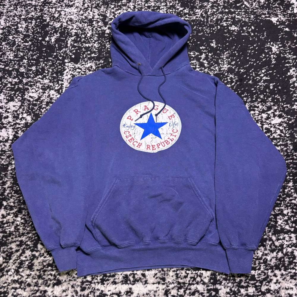 Vintage Fruit of the Loom Prague Czech Republic Blue Hoodie Mens Large